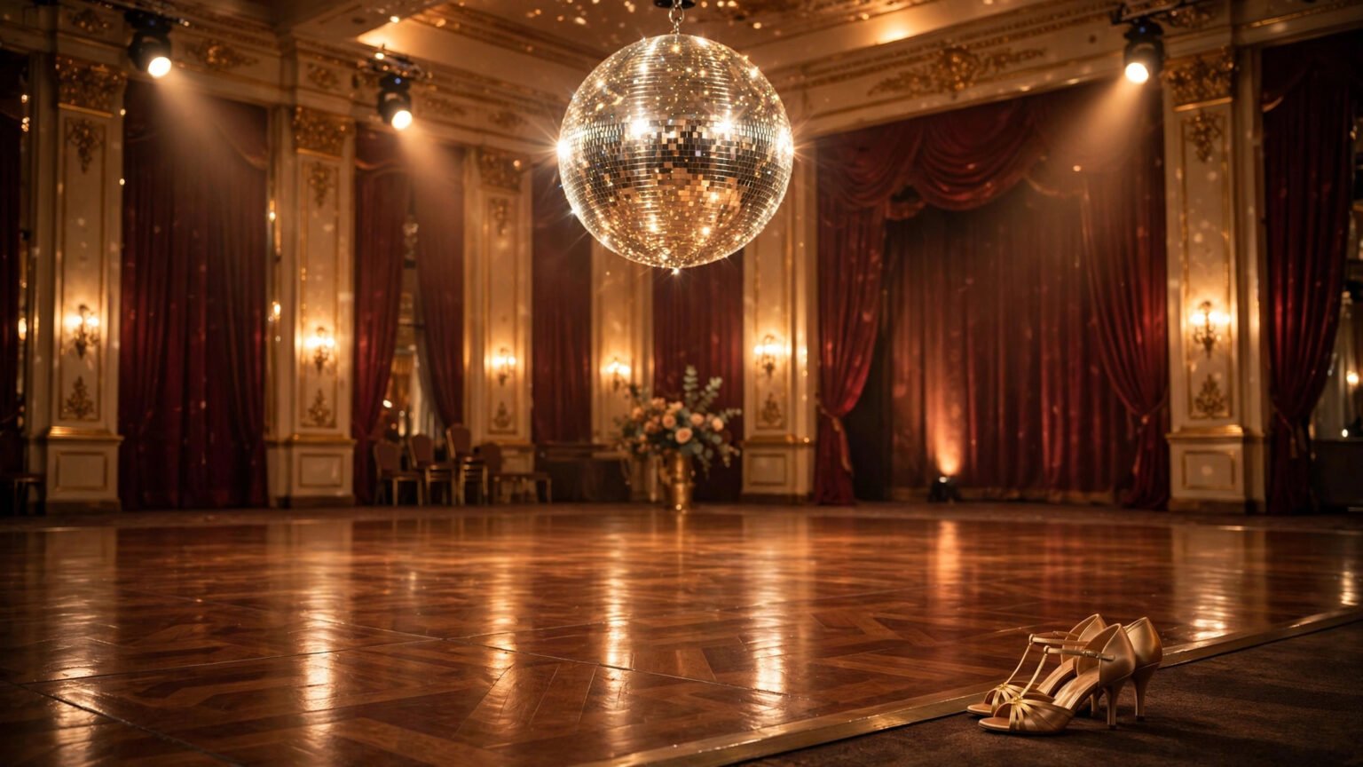 Empty ballroom dance floor under a glitterball with a pair of dance shoes, evoking a TV dance competition