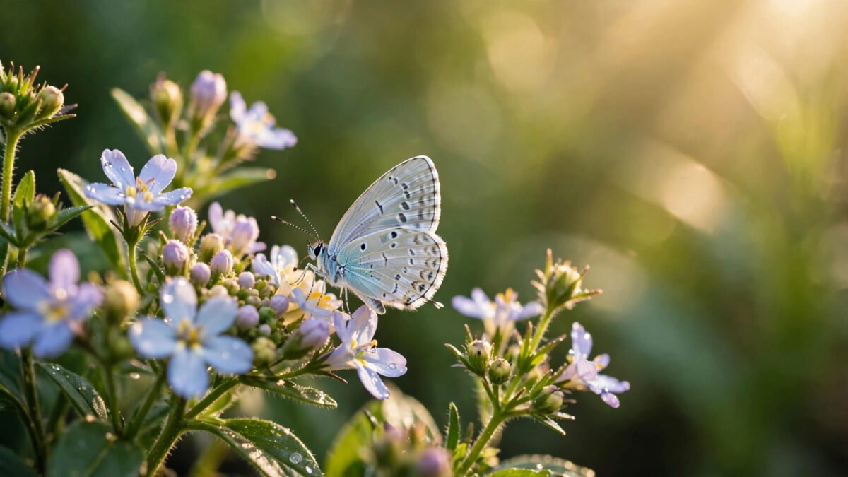 Small blue azure butterfly on flowers in sunlight, a symbol of remembrance for Iryna Zarutska