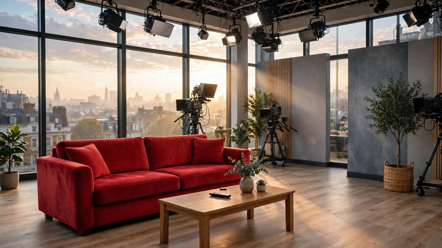 Empty breakfast television studio with a red presenter sofa at sunrise, illustrating a British morning news programme
