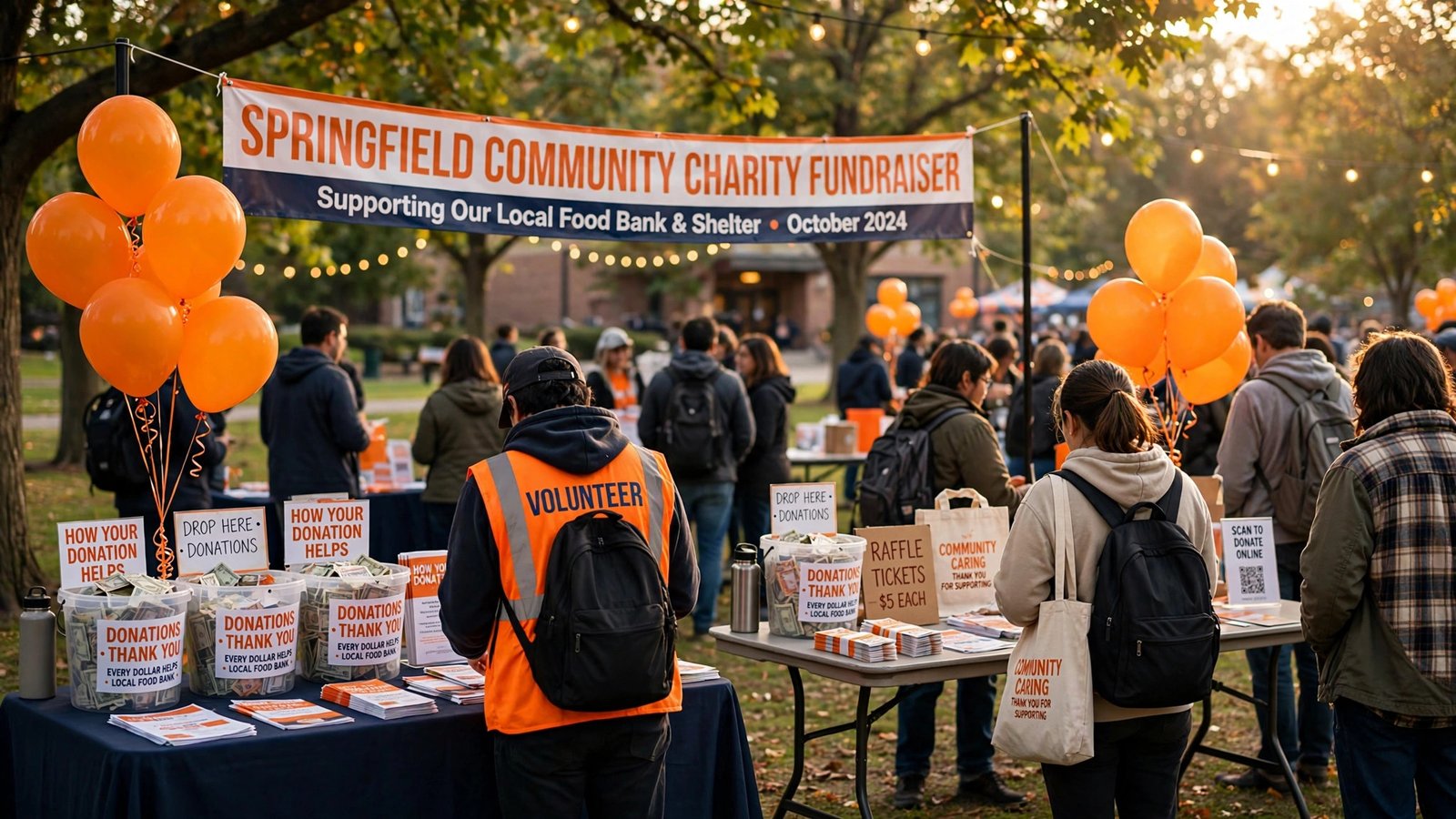 Supporters at a community charity fundraising event for childhood cancer awareness with orange balloons