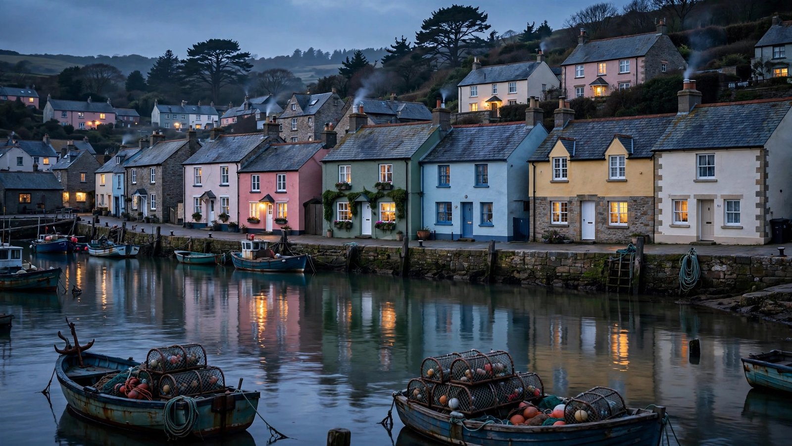 A quiet Devon harbour town at dusk, evoking Beyond Paradise, the BBC detective series in which Dylan Llewellyn plays PC Kelby Hartford