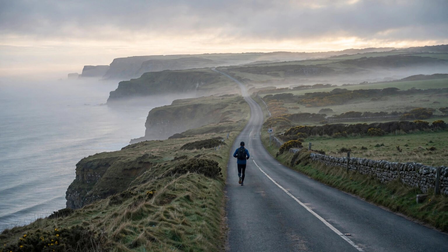 Endurance runner on a coastal road in Britain during a long-distance charity run at sunrise