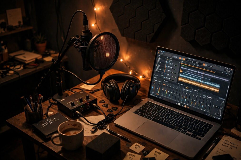 A small home recording studio with microphone, laptop and headphones, illustrating how UK underground rap tracks are made