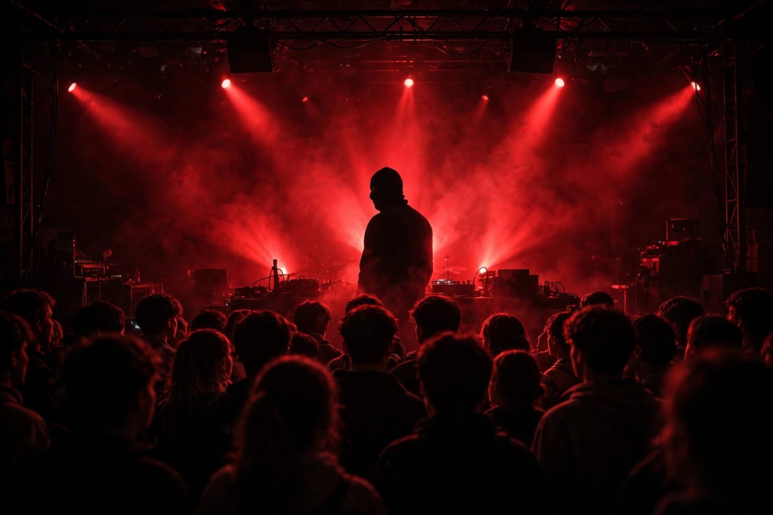 Silhouette of a masked performer in a balaclava on a dark stage under red lights, illustrating an anonymous UK underground rap concert