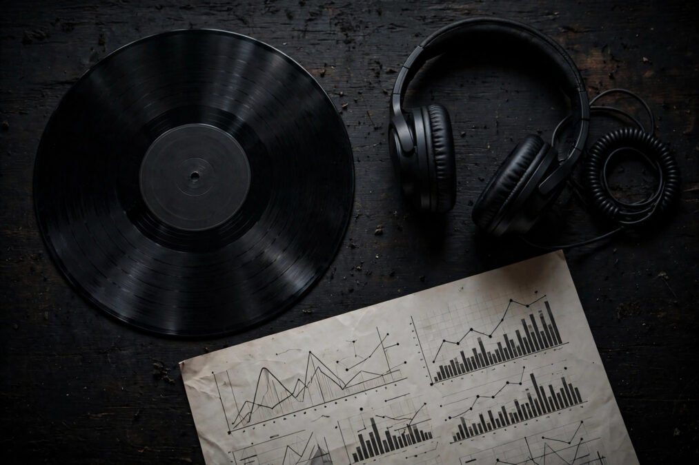 Vinyl record, headphones and a printed chart page on a desk, illustrating a breakthrough music act's chart success