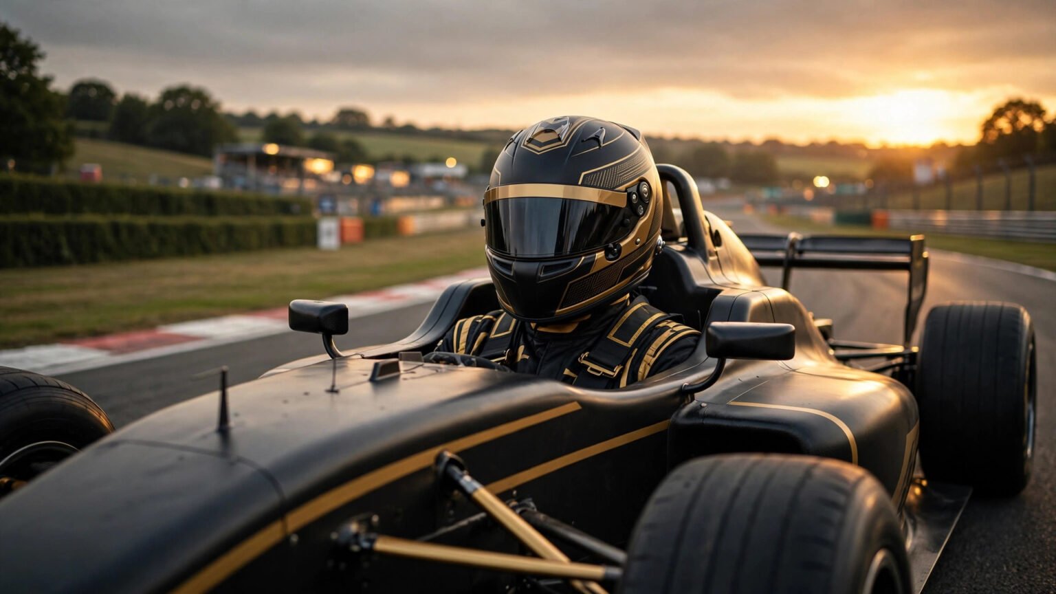 Anonymous racing driver in a black and gold race car on a circuit at sunset, illustrating Damson Idris's role as a Formula 1 driver in F1