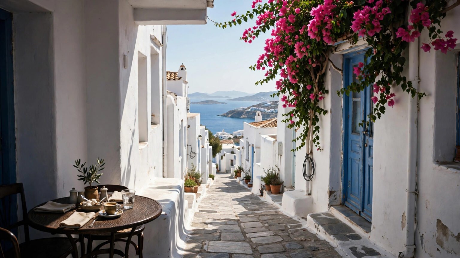 Sunlit Greek island village street with whitewashed houses, setting for Prime Video thriller The Assassin starring Keeley Hawes as Julie Green