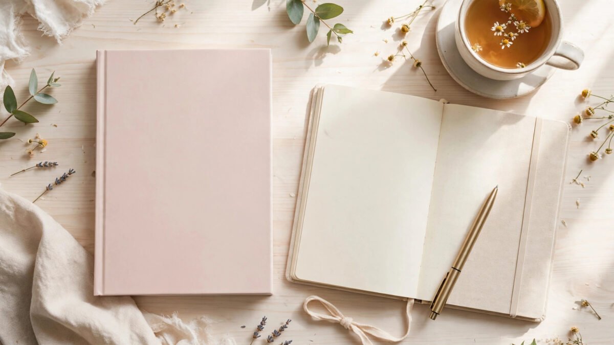 Women's health book and notebook flat-lay with a pen and tea, illustrating advocacy writing about women's health