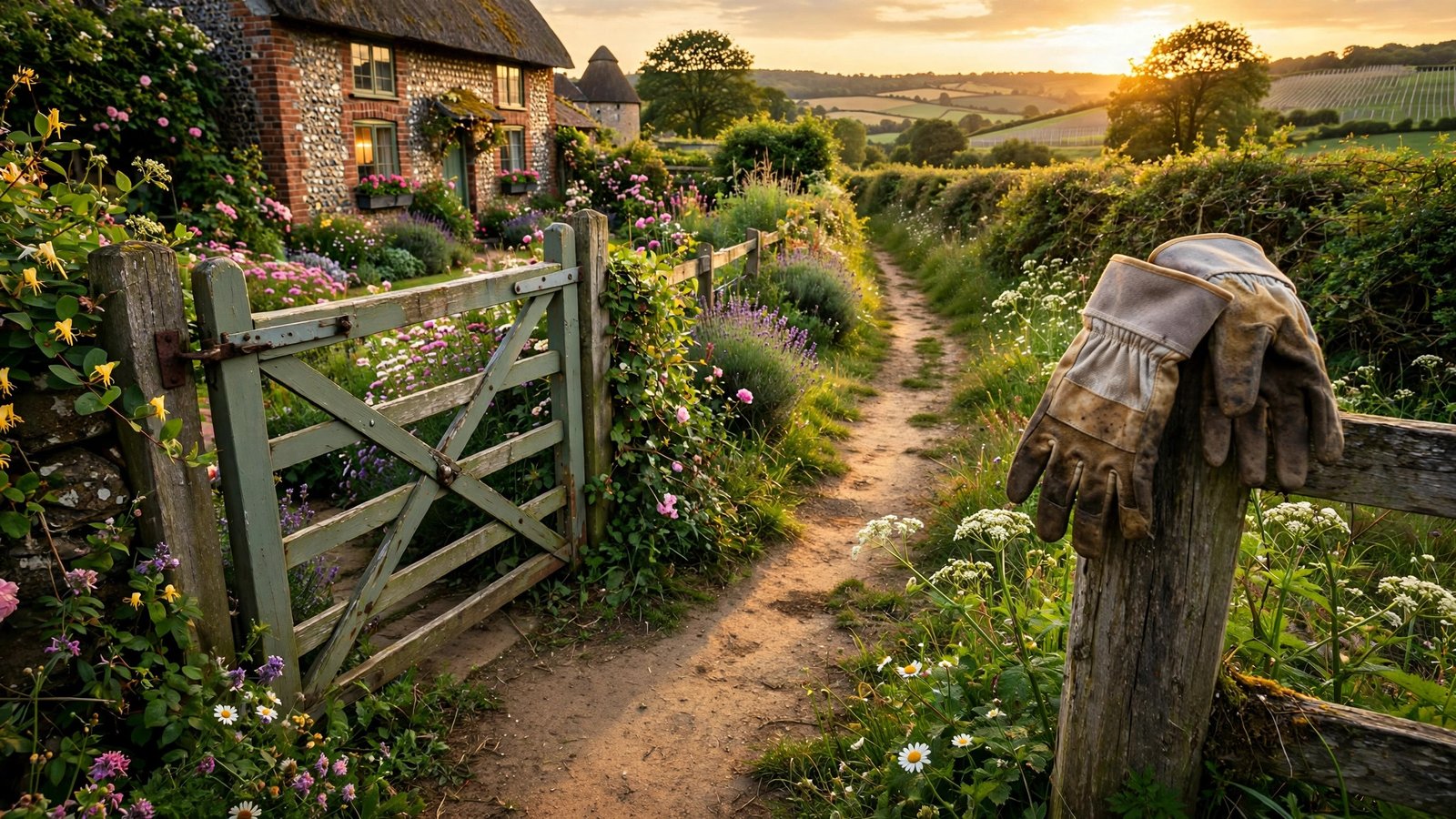 Golden-hour footpath and cottage garden gate in Kent, evoking a quiet life away from television