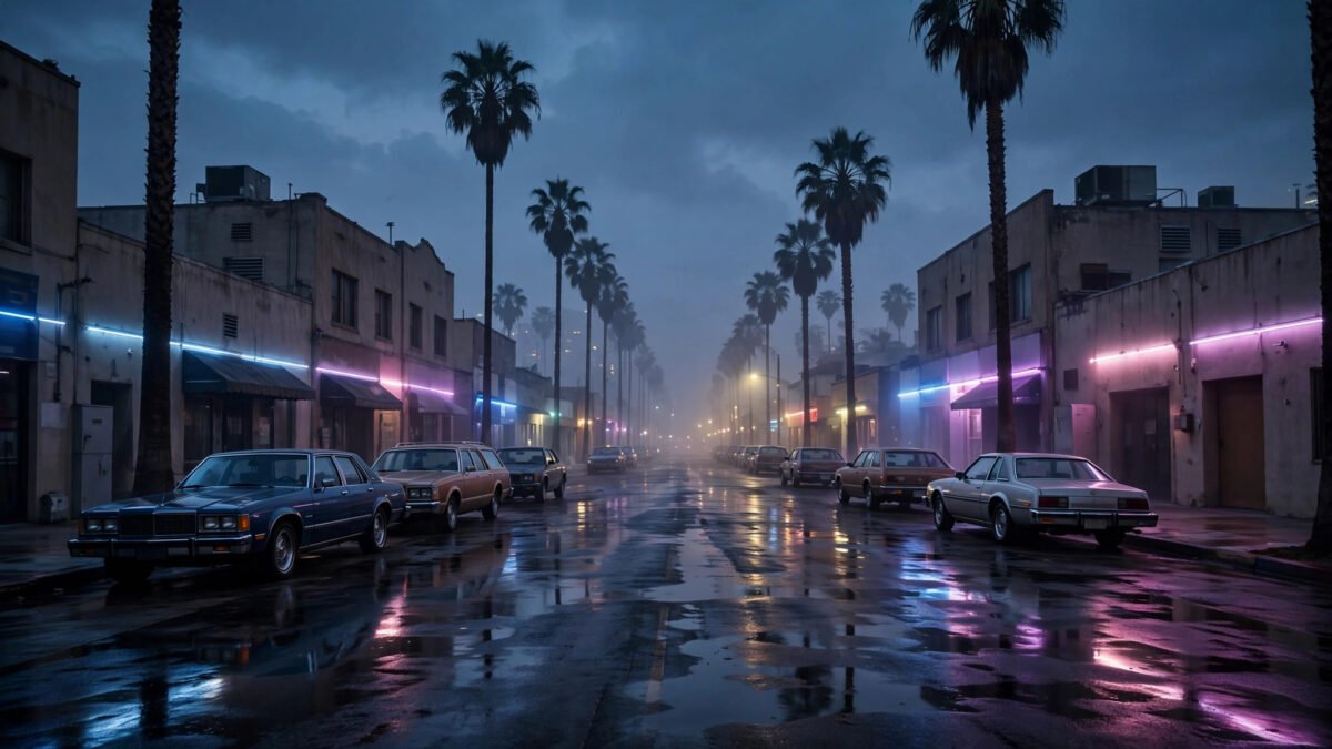 1980s Los Angeles street at dusk with palm trees and period cars, the setting of Snowfall starring Damson Idris as Franklin Saint