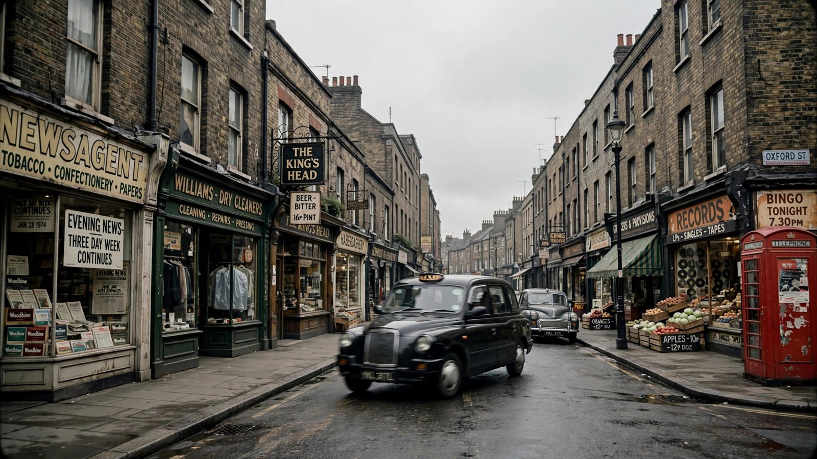 Black London taxi on a Marylebone street in the 1970s, evoking Keeley Hawes's childhood in central London and her father's work as a cab driver