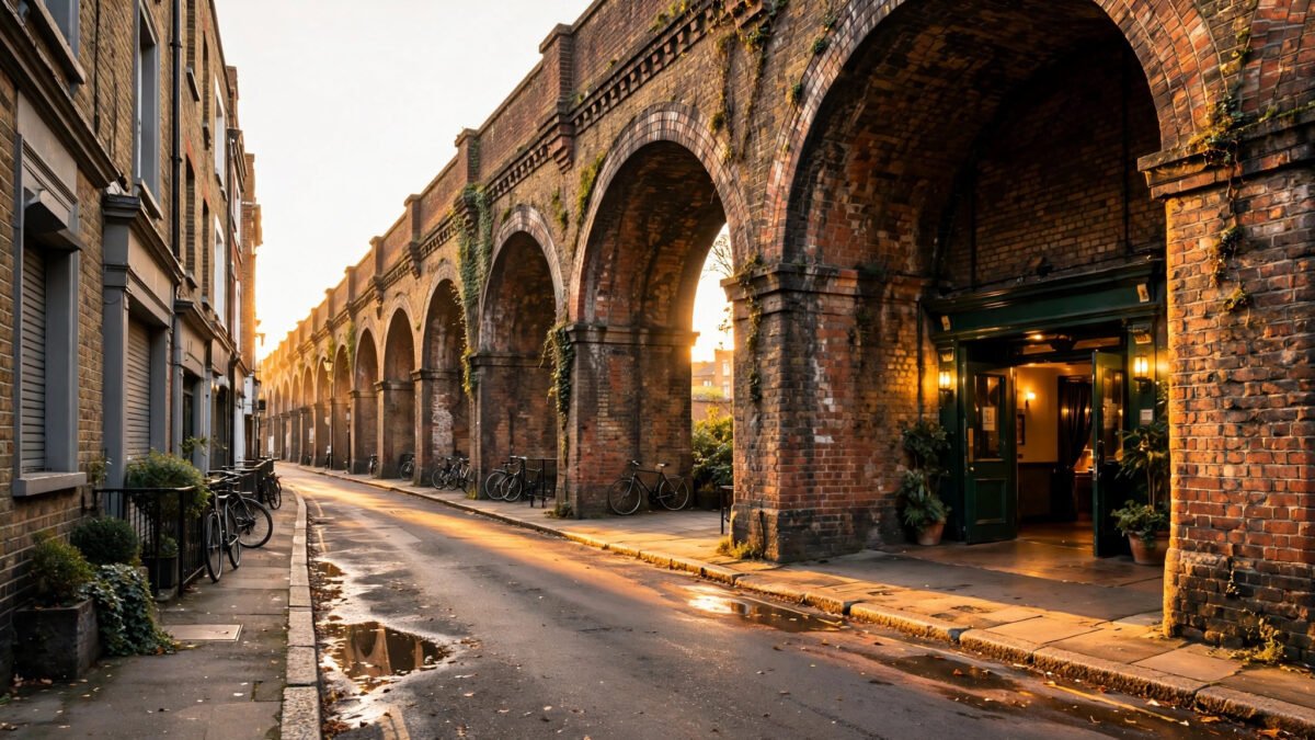 South London street with railway arches near a theatre stage, illustrating Peckham-born actor Damson Idris's early life and training