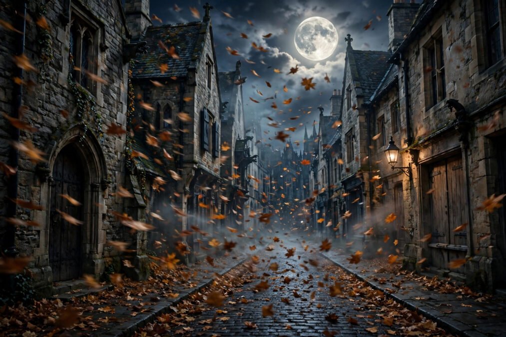 malachi barton Moonlit gothic street with wind-blown leaves, a visual theme for Malachi Barton's vampire role as Victor in Zombies 4