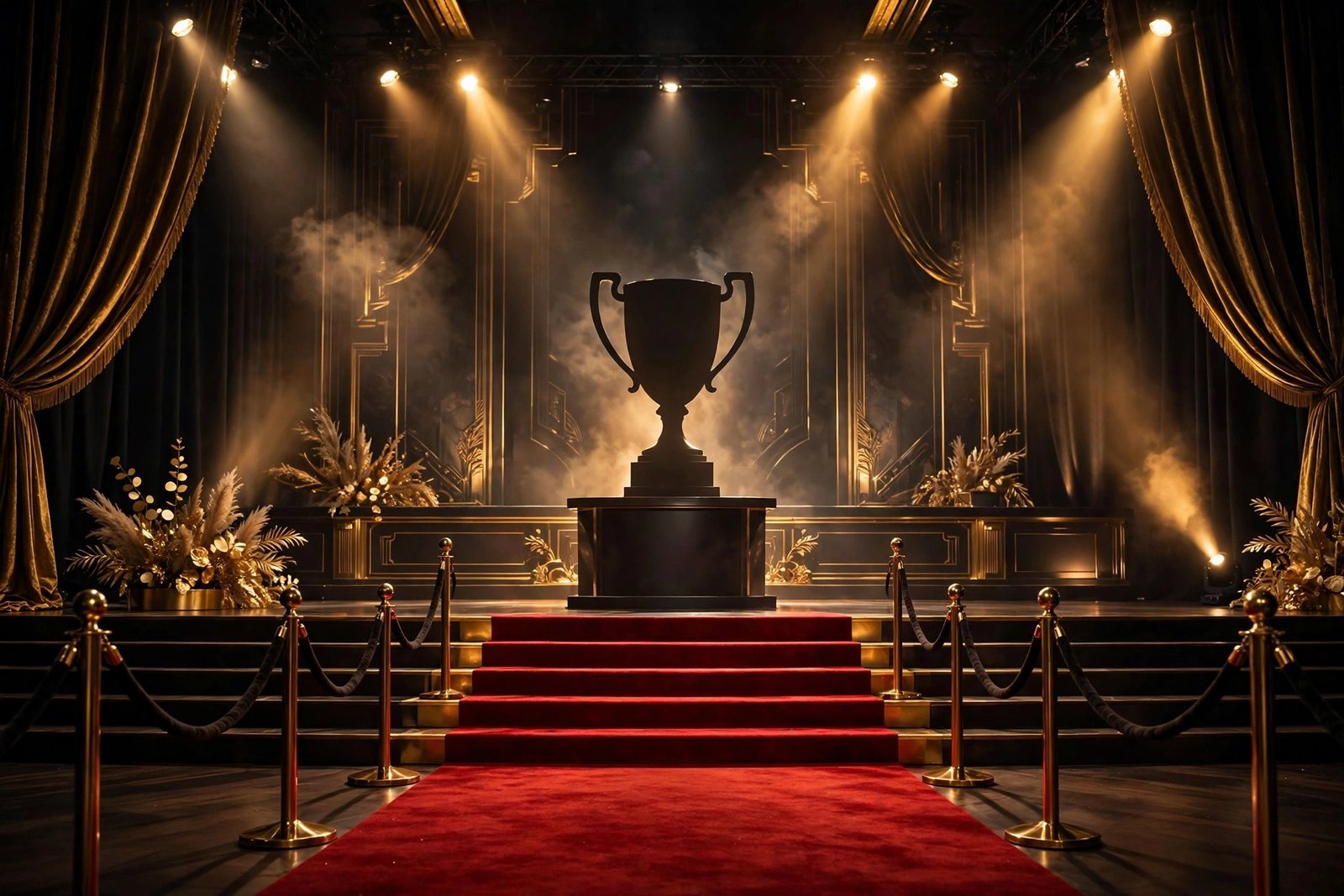 An elegant awards ceremony stage with golden spotlights, a red carpet and a trophy silhouette