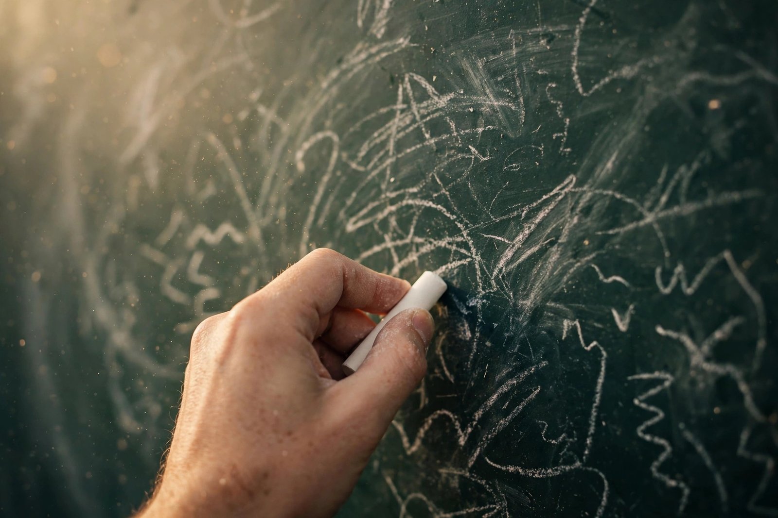 A hand writing maths equations and numbers in chalk on a dark green chalkboard