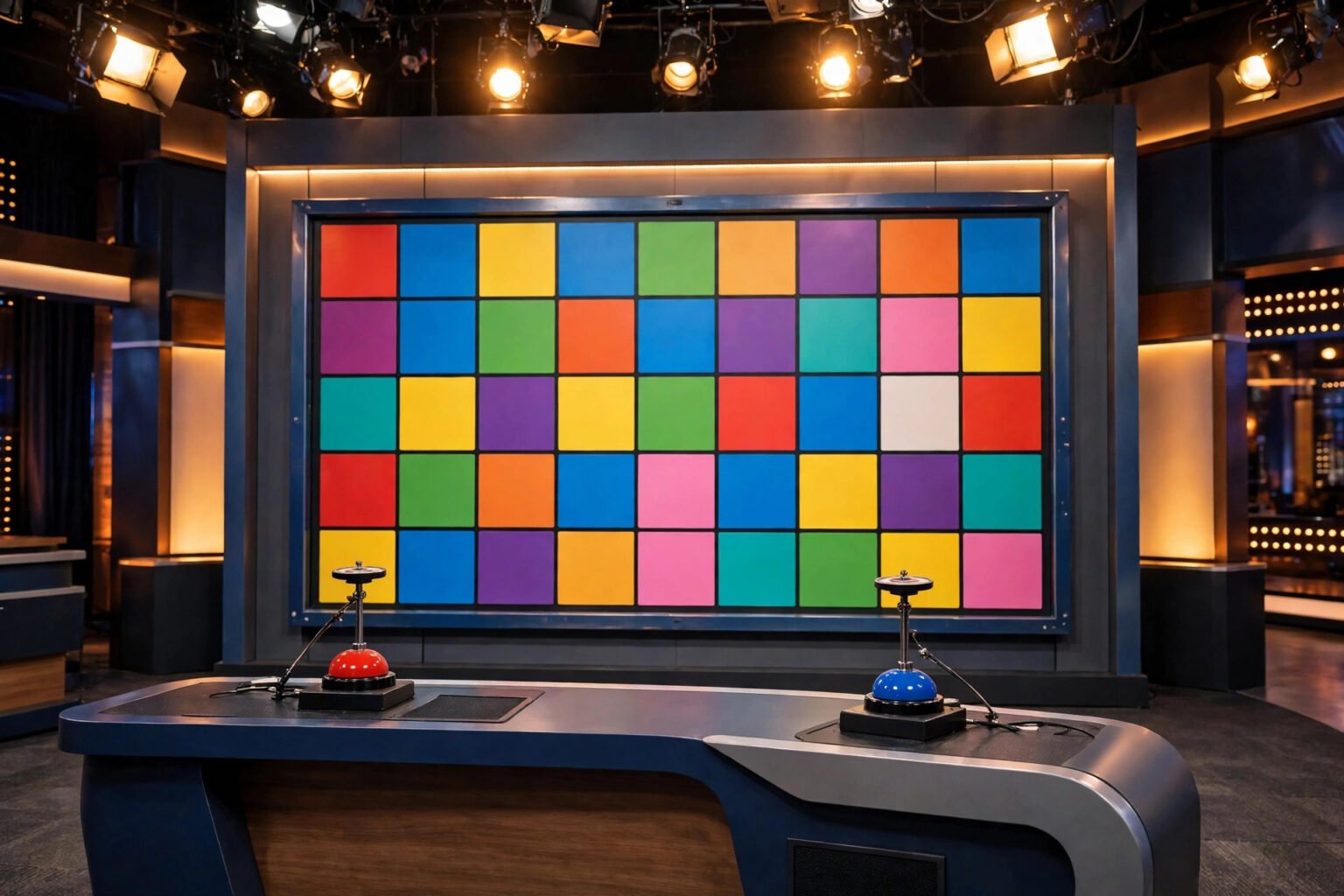 A bright television studio set with a letters-and-numbers game board, quiz desk and warm studio lights