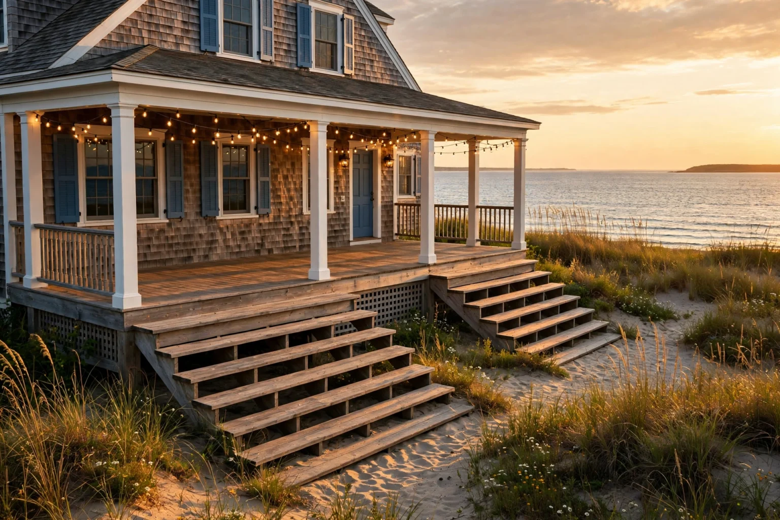 Illustrative summer beach house porch at golden hour, evoking the coastal setting of The Summer I Turned Pretty