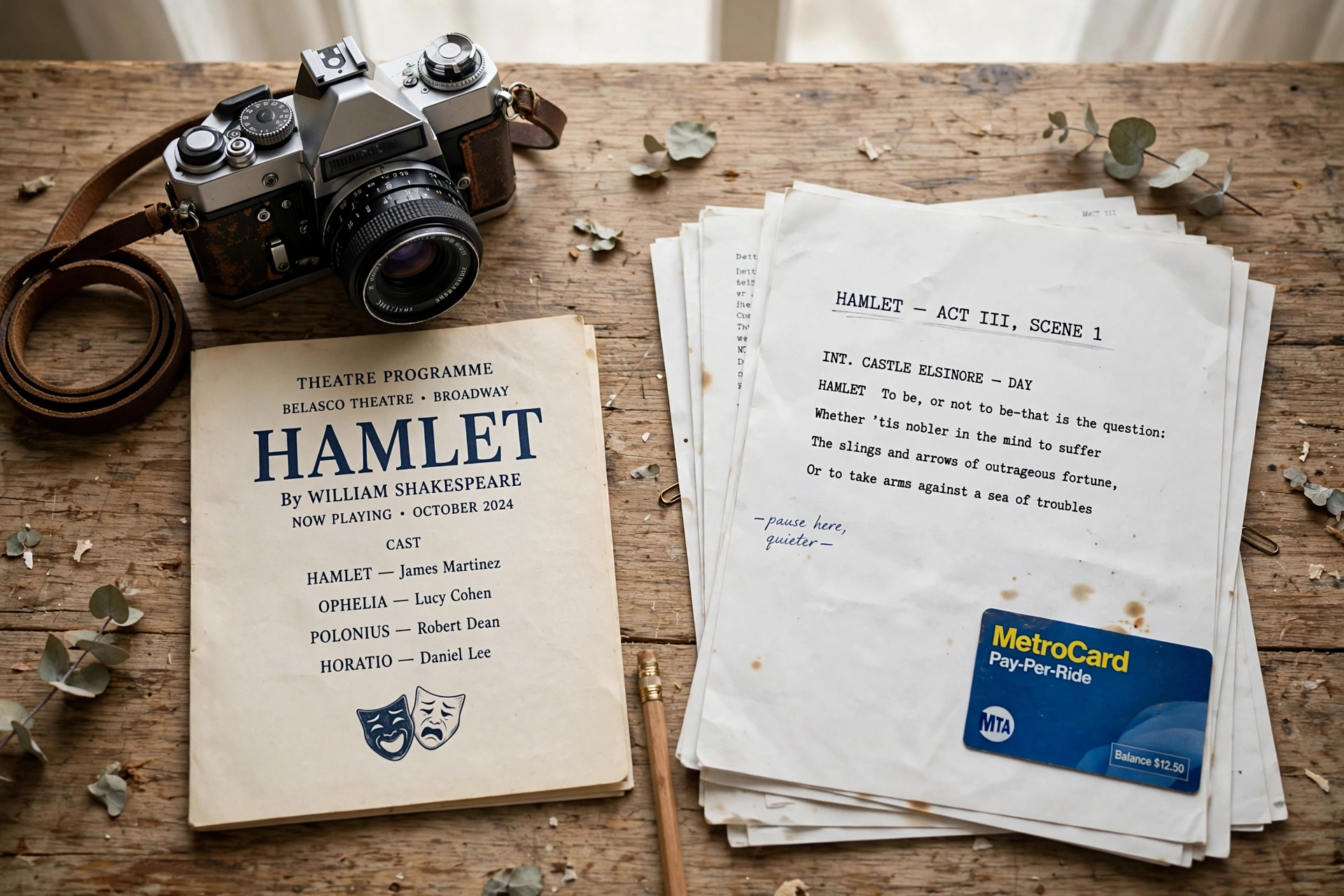 Flat lay of a vintage film camera, theatre programme and script pages representing Christopher Briney's acting training and stage work