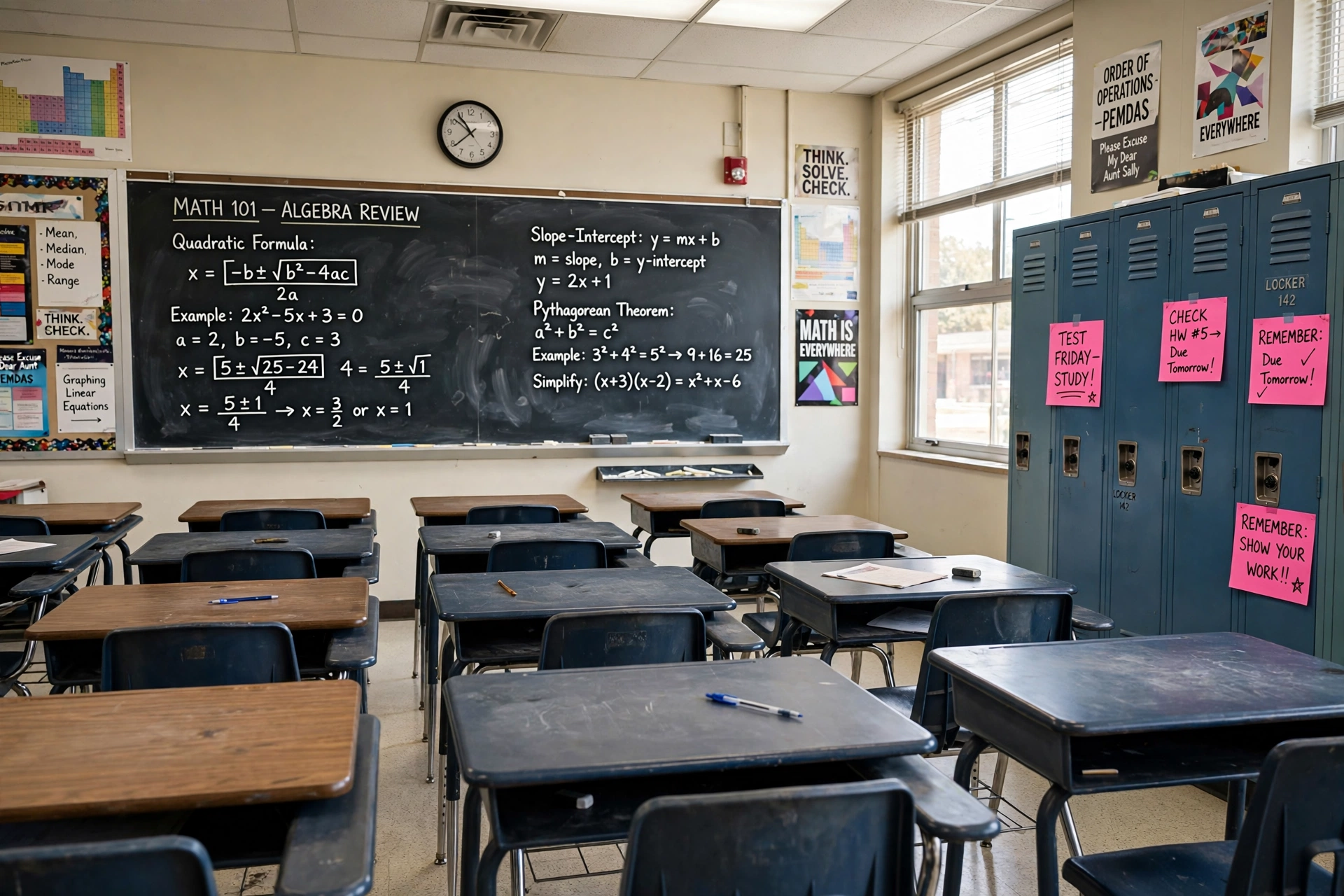 Empty high school maths classroom with equations on a chalkboard, an illustrative nod to Mean Girls and The Julia Set