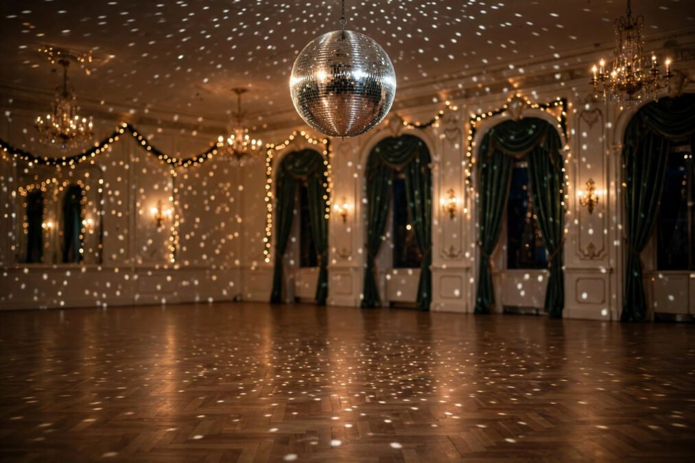 Illustrative empty ballroom with sparkling lights.