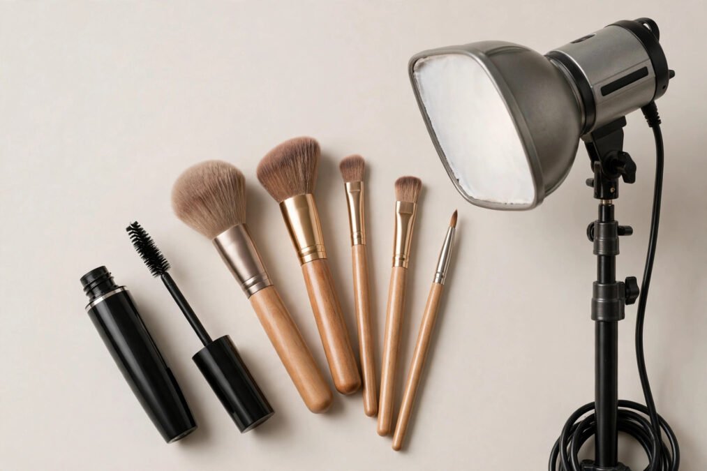 Illustrative beauty studio still life with mascara and make-up brushes.