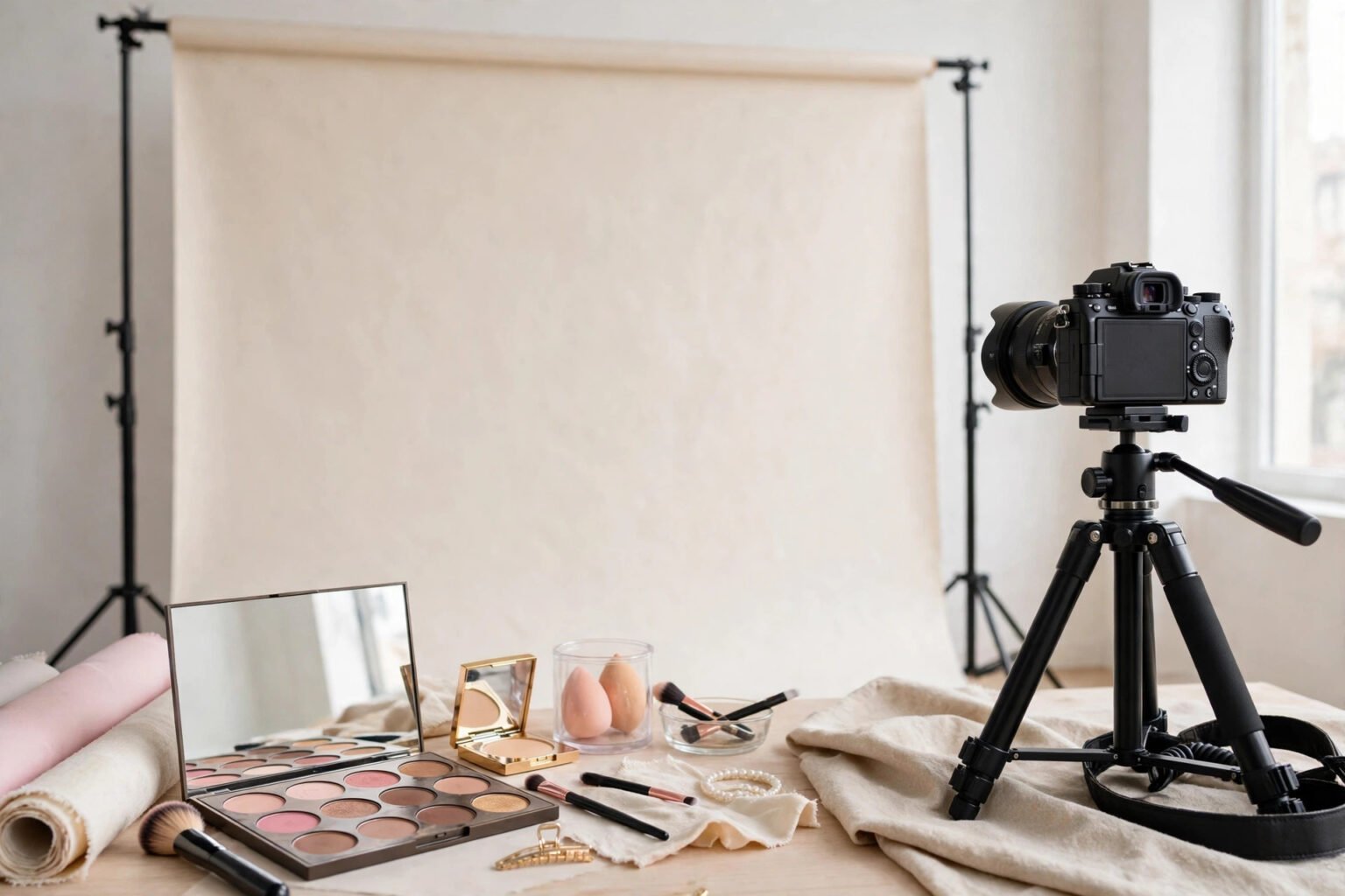 Illustrative fashion studio scene with make-up and camera equipment.