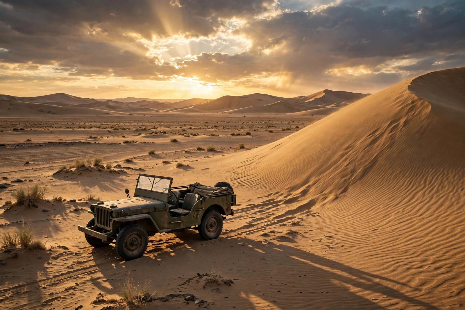 jack o'connell A vintage 1940s military jeep in the North African desert, like the setting of SAS Rogue Heroes