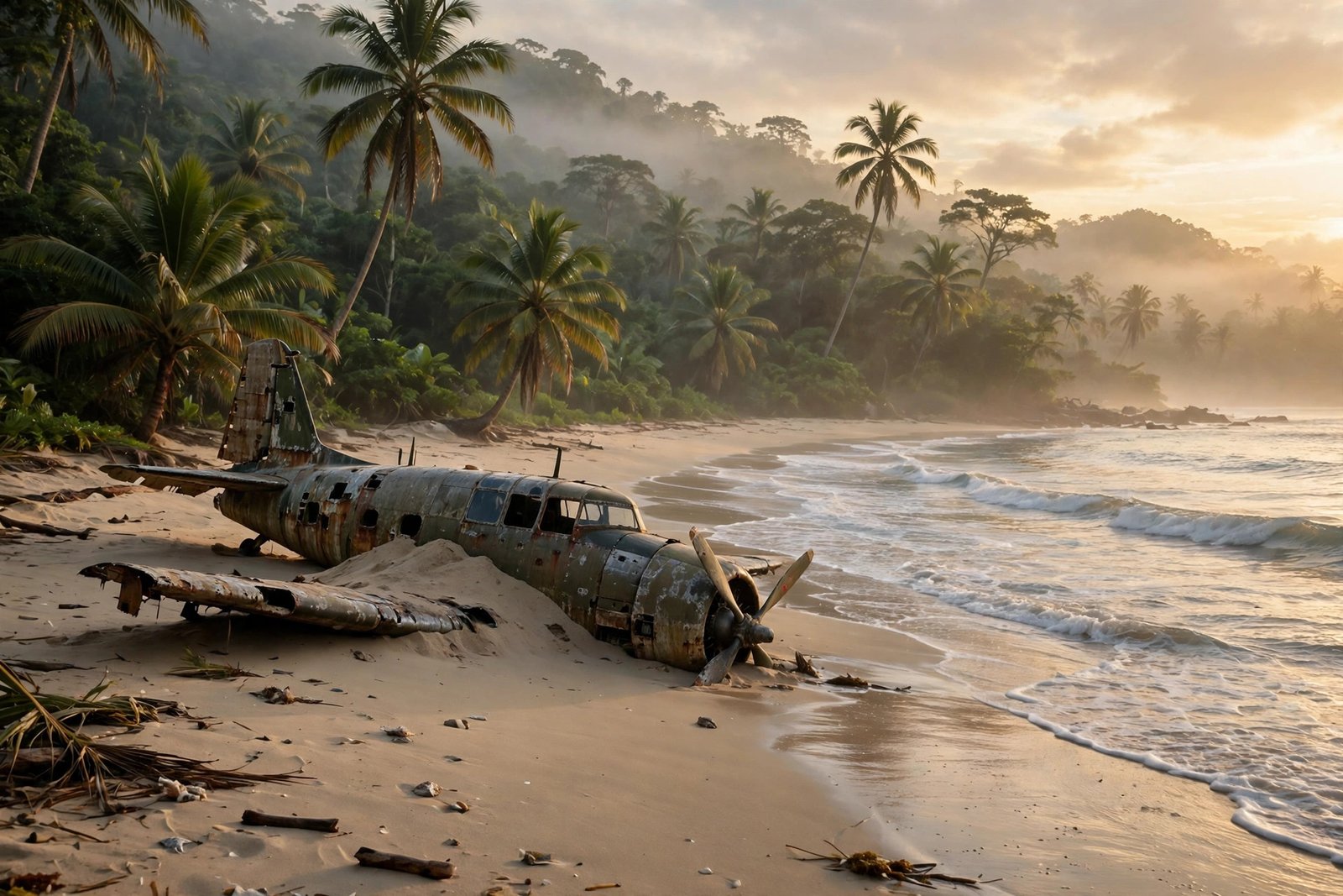 jack o'connell A remote Pacific island beach with a crashed wartime aeroplane, evoking Louis Zamperini's story in Unbroken