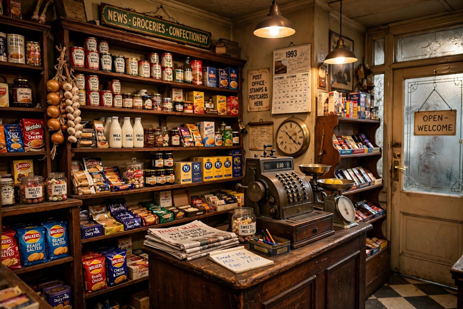 Traditional British corner shop interior with wooden shelves and an old-fashioned till, evoking classic sitcom Open All Hours