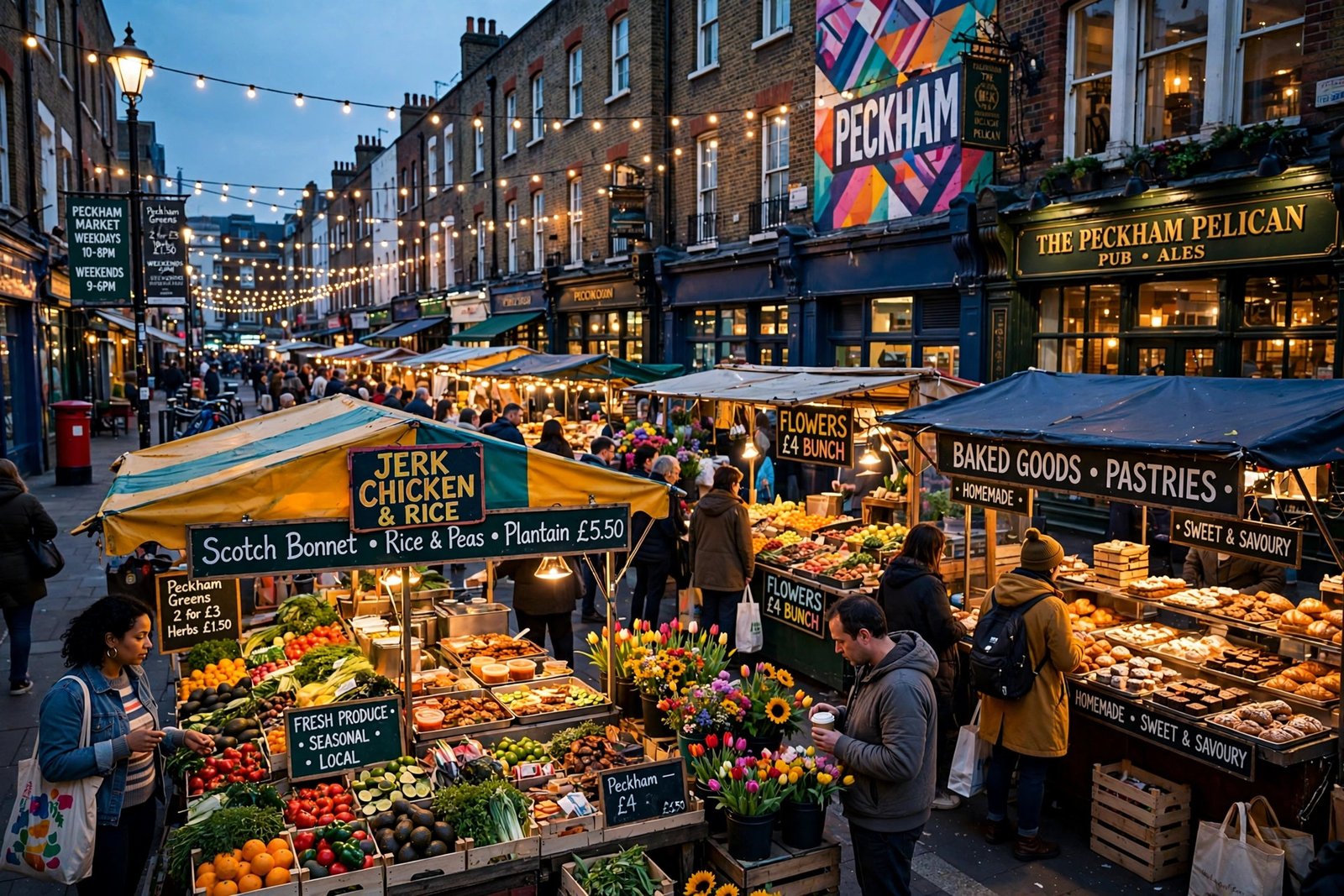 Bustling London street market with colourful stalls at dusk, evoking the market trader world of Only Fools and Horses