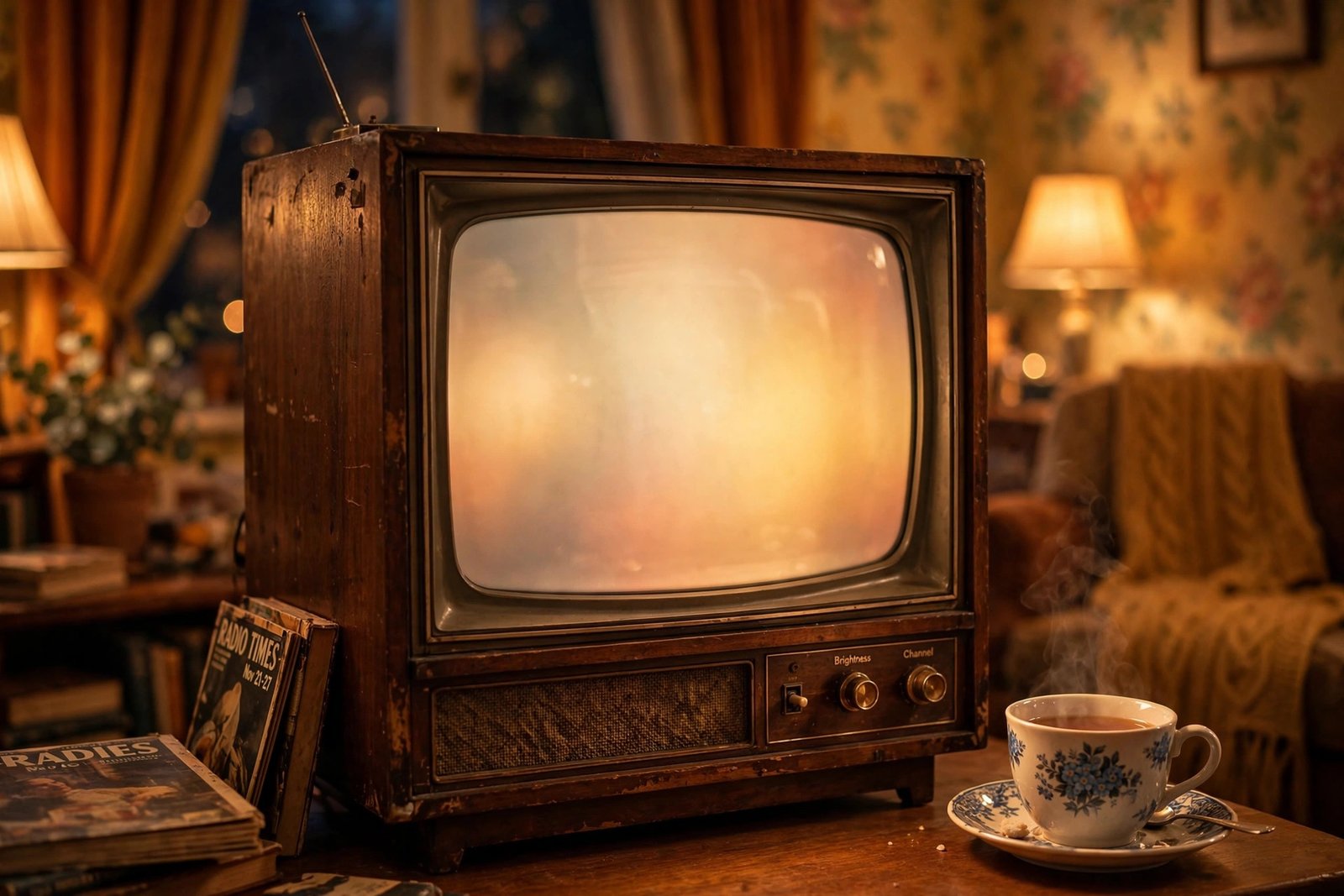 Vintage television set glowing in a cosy British living room, representing decades of classic British TV