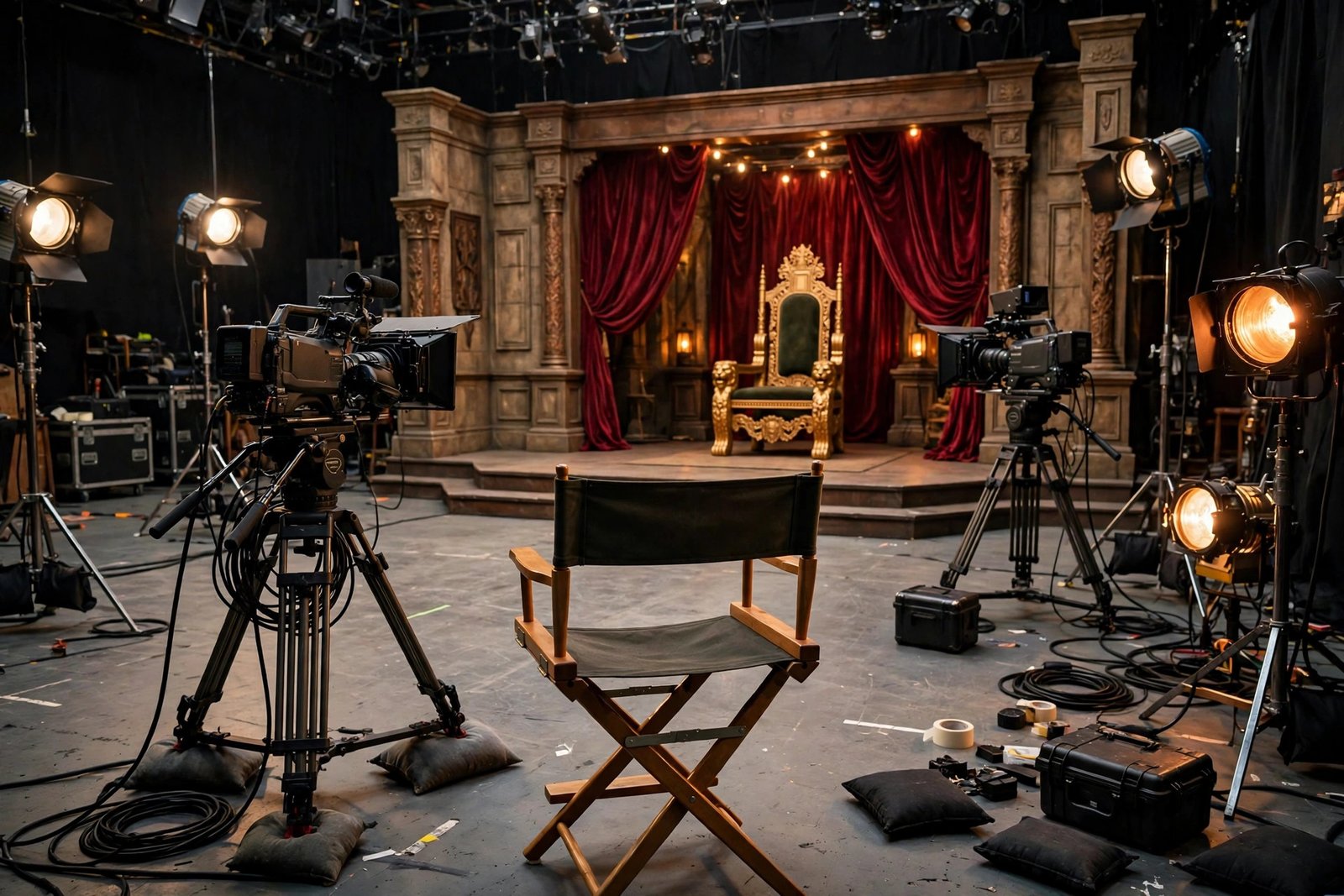 A television studio set with cameras and a period-drama throne in the background