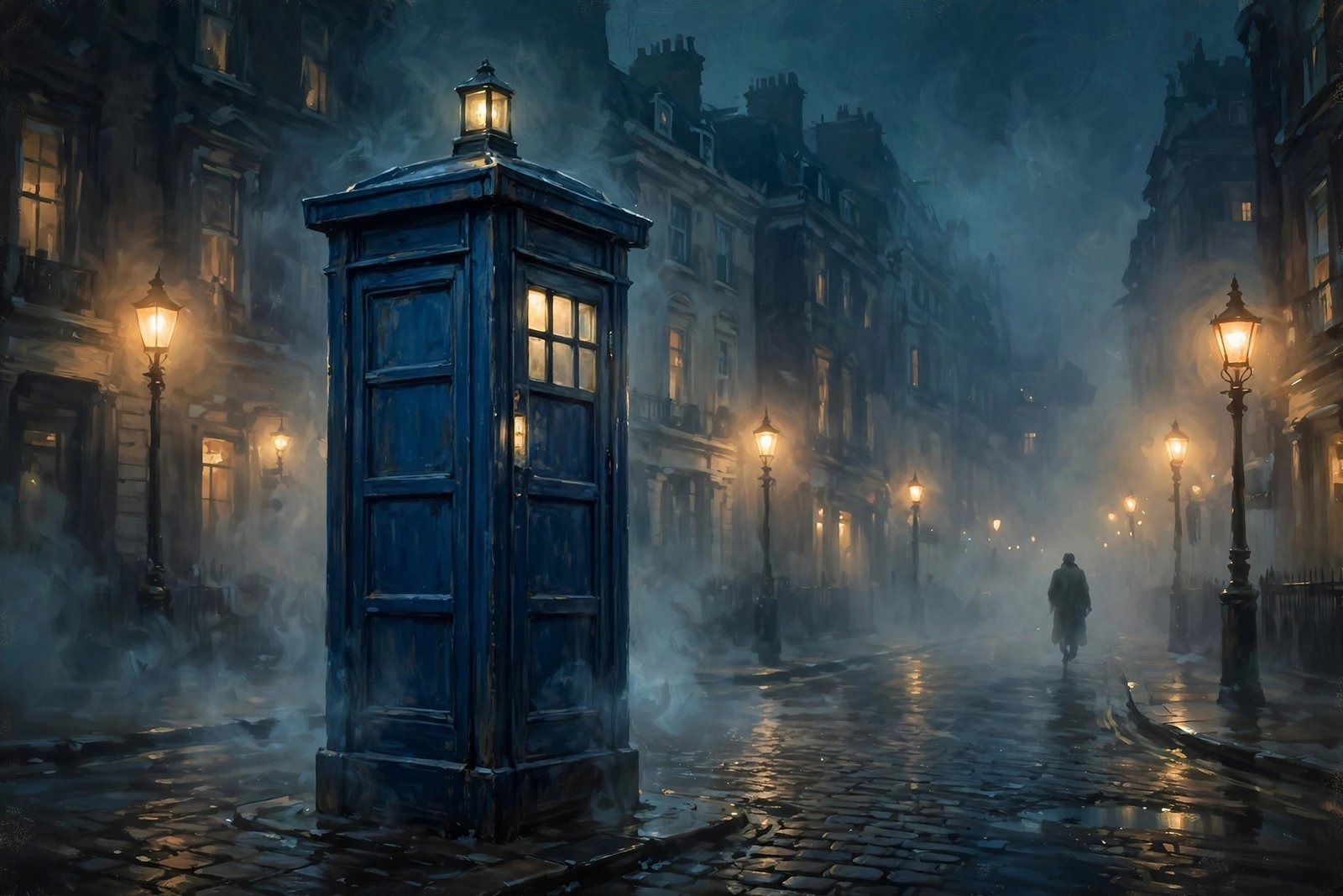 A blue police box on a misty London street at night, evoking Doctor Who