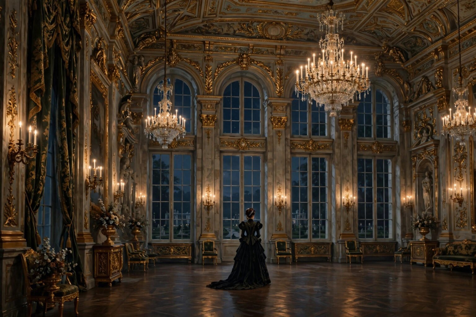 A grand Victorian palace ballroom with chandeliers, evoking the period drama Victoria