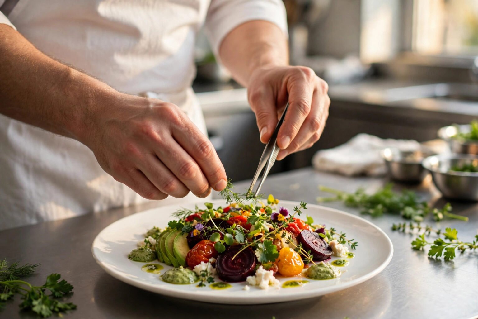 A chef's hands plating a colourful dish in a bright professional kitchen