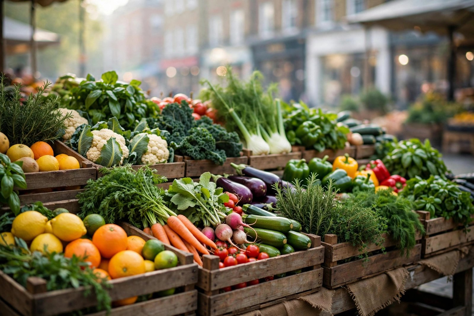 A fresh produce market stall with colourful vegetables and herbs in wooden crates