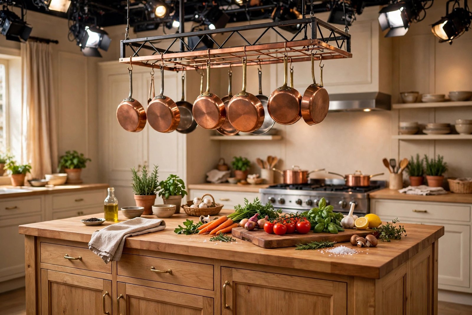 A bright television cooking show set with a kitchen island and fresh ingredients