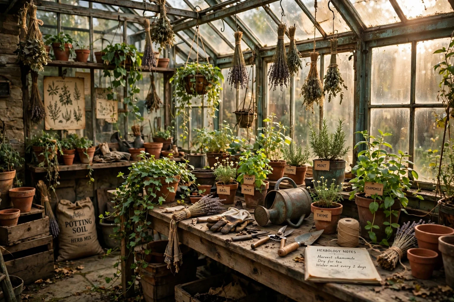 Illustrative photo of a sunlit greenhouse with terracotta herb pots and gardening tools, evoking Professor Sprout's herbology world in Harry Potter