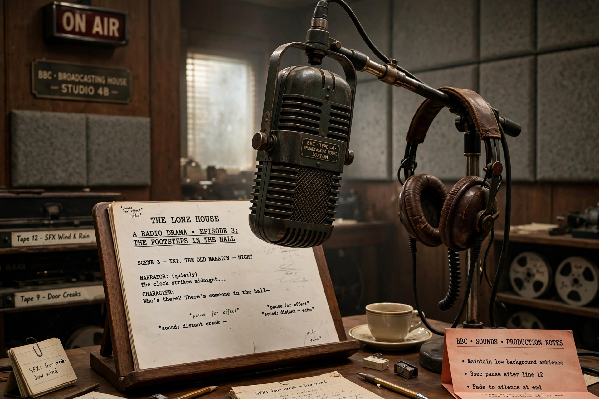 Illustrative photo of a vintage BBC-style radio microphone and script, representing Miriam Margolyes' early career in radio drama and voice work