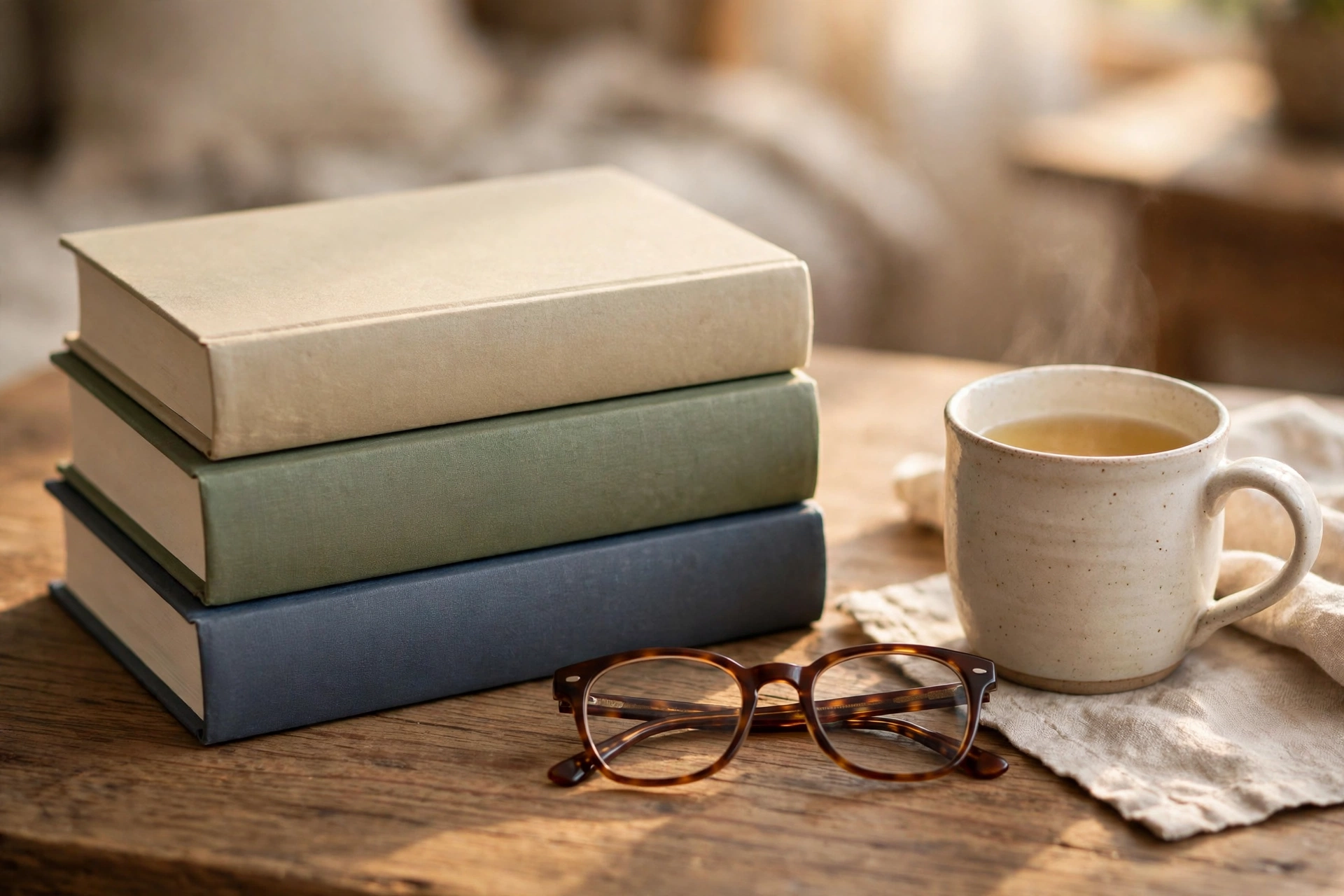 Illustrative photo of a stack of hardback memoirs with reading glasses and tea, representing Miriam Margolyes' bestselling books This Much Is True and Oh Miriam!