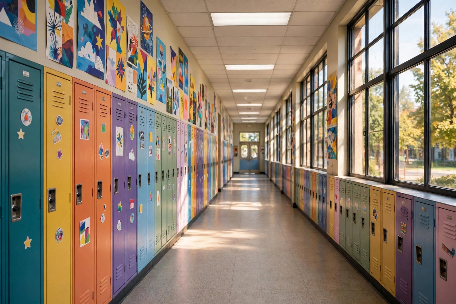 ncuti gatwa A colourful school corridor with lockers, like the setting of the teen drama Sex Education