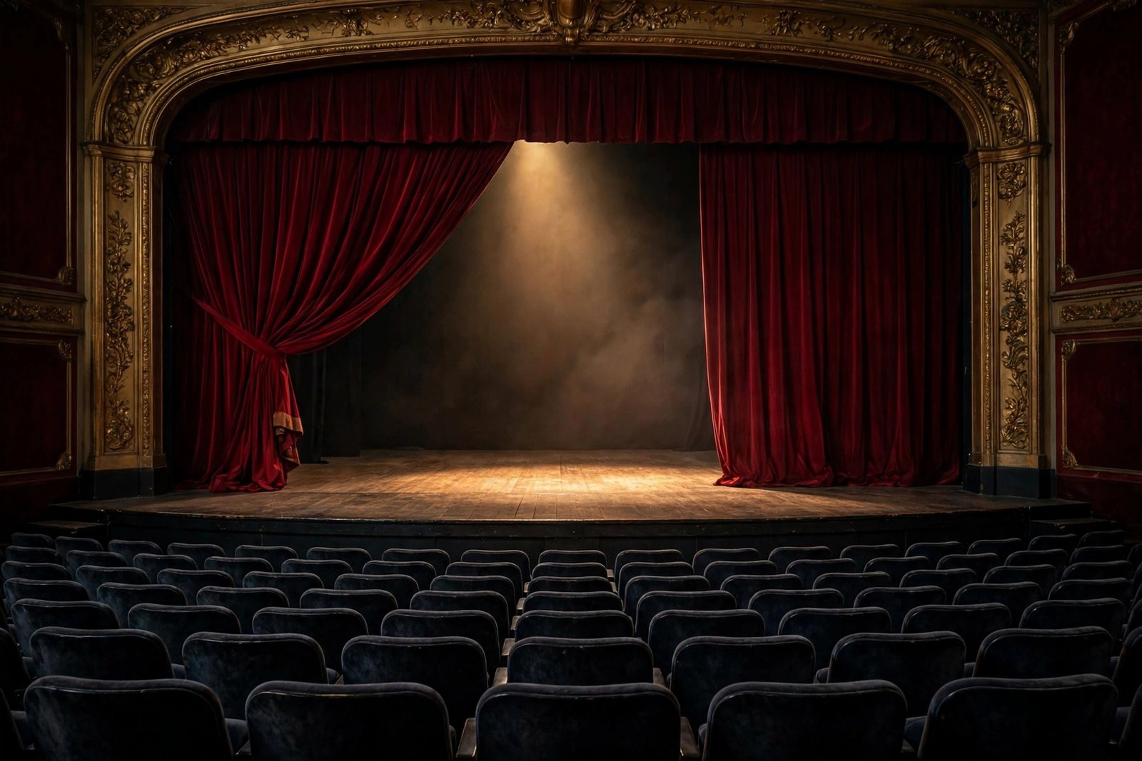 ncuti gatwa An empty West End theatre stage with a red curtain and a single spotlight