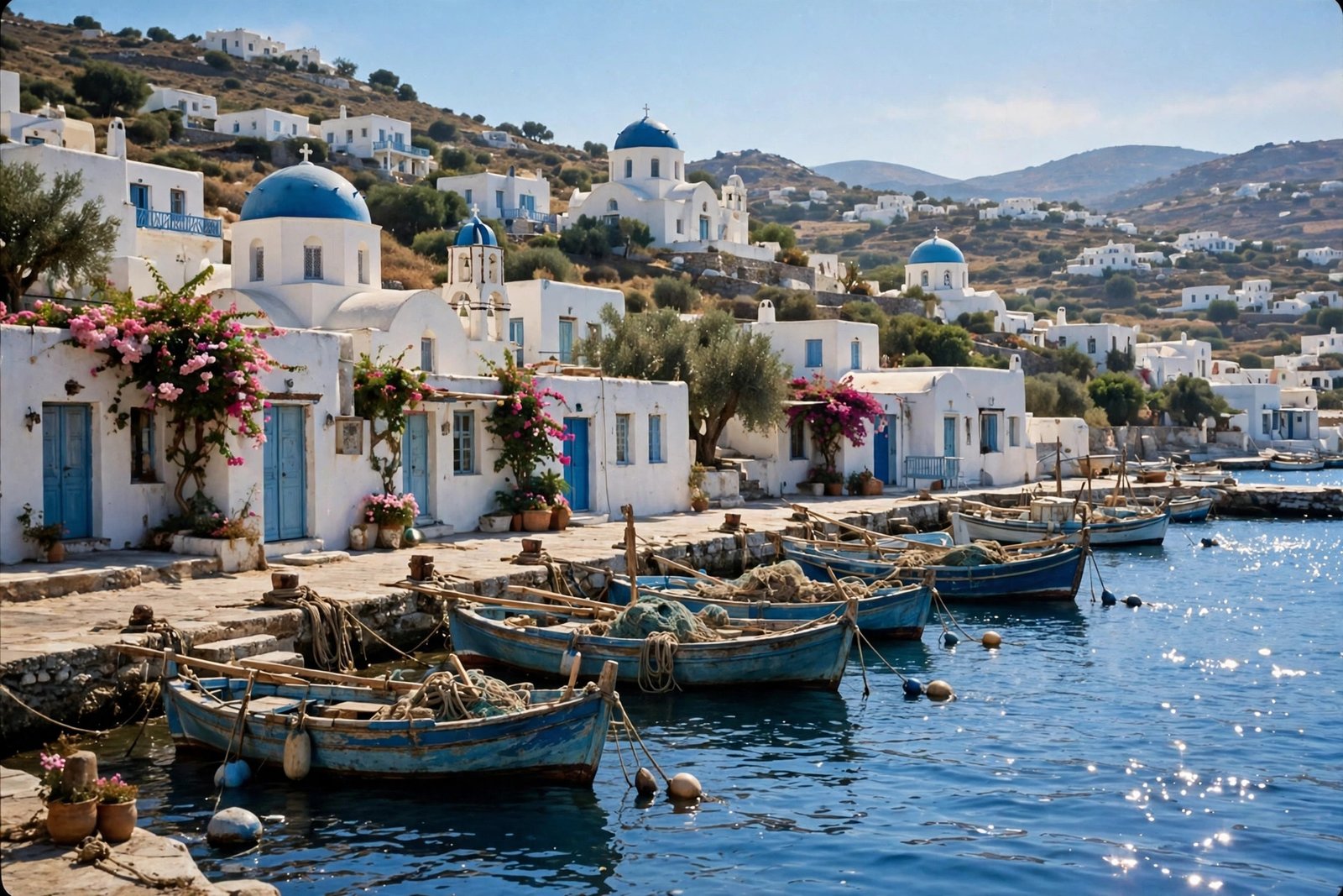 A sunny Greek island harbour with whitewashed buildings, like the setting of Shirley Valentine