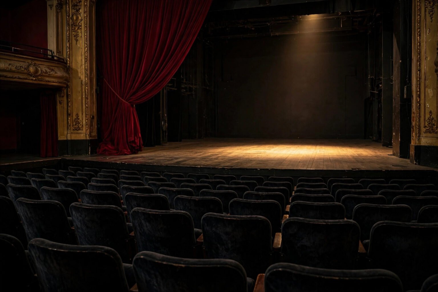 A West End theatre stage with a red curtain and a single spotlight, evoking Pauline Collins's stage career