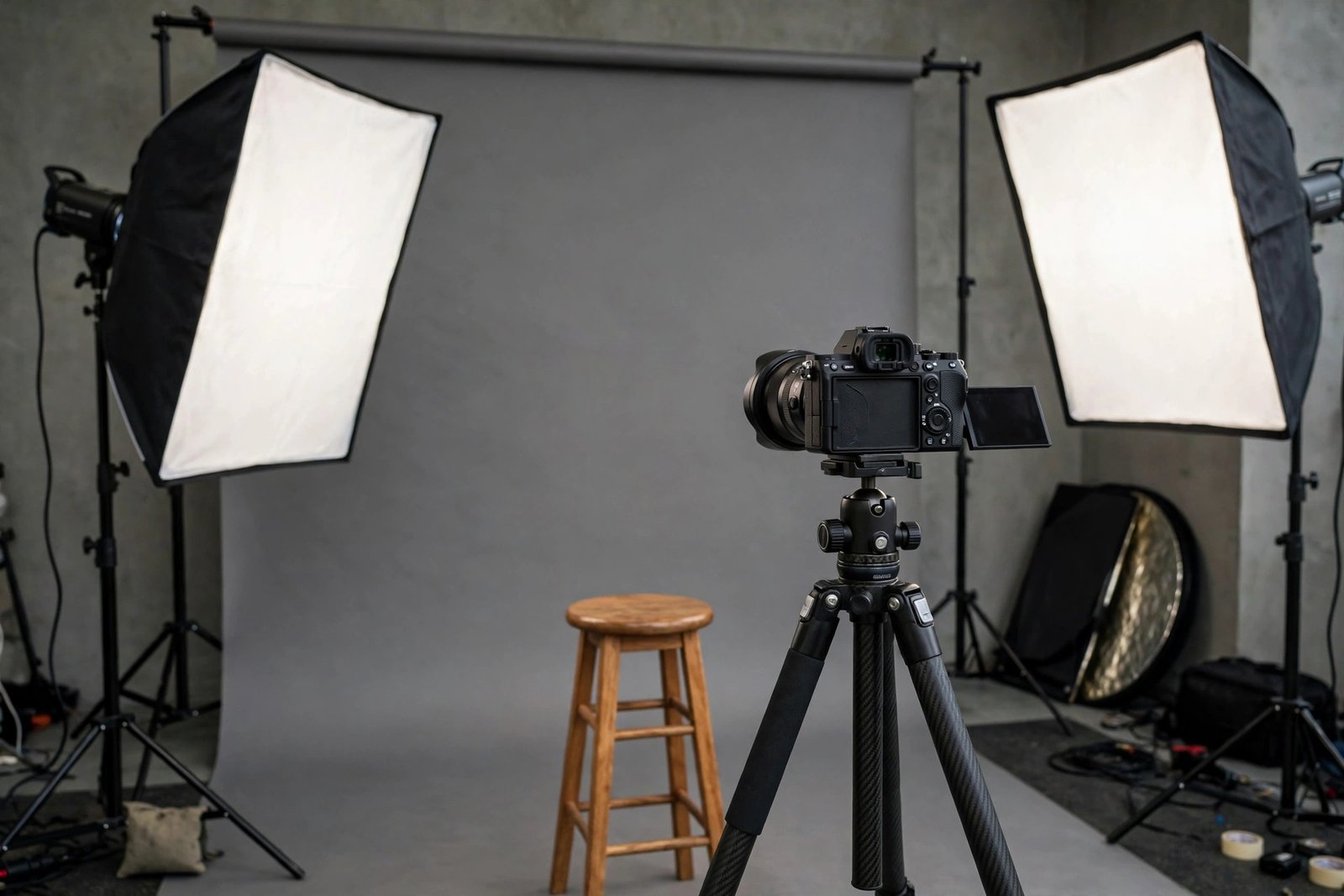 Professional photography studio with camera and lighting, illustrating Penny Lancaster's career as a photographer