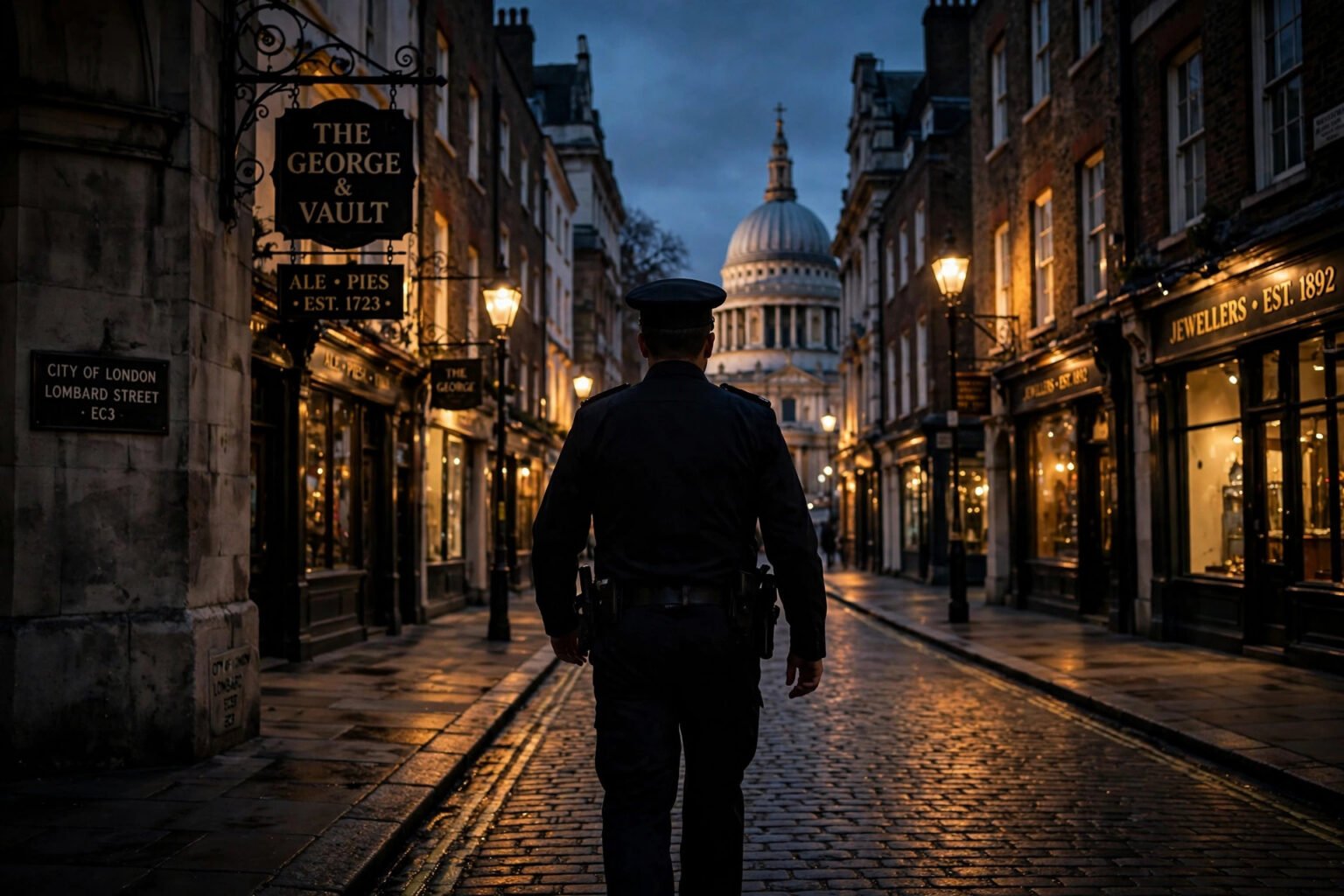 Penny Lancaster: Model, Loose Women Star, Special Constable and Wife of Rod Stewart Police officer on foot patrol in the City of London at dusk, illustrating Penny Lancaster's work as a special constable