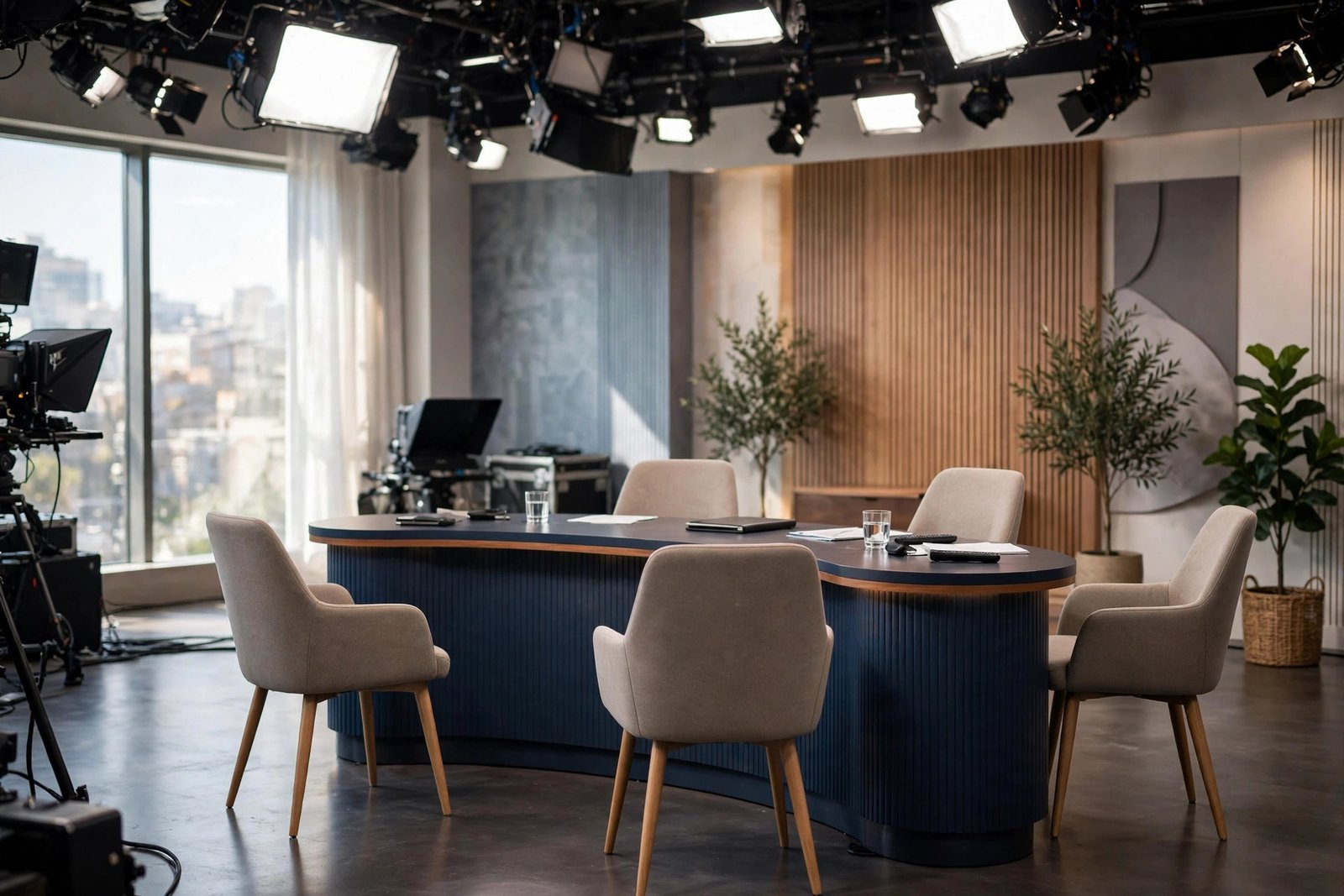 Daytime television talk show studio with panel desk, illustrating Penny Lancaster's role on Loose Women