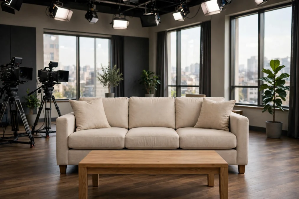 Empty daytime television studio sofa under studio lights, generic illustrative image