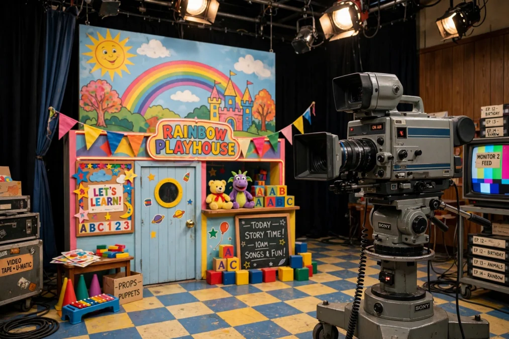 Retro 1980s children's television studio set with a vintage broadcast camera, generic illustrative image