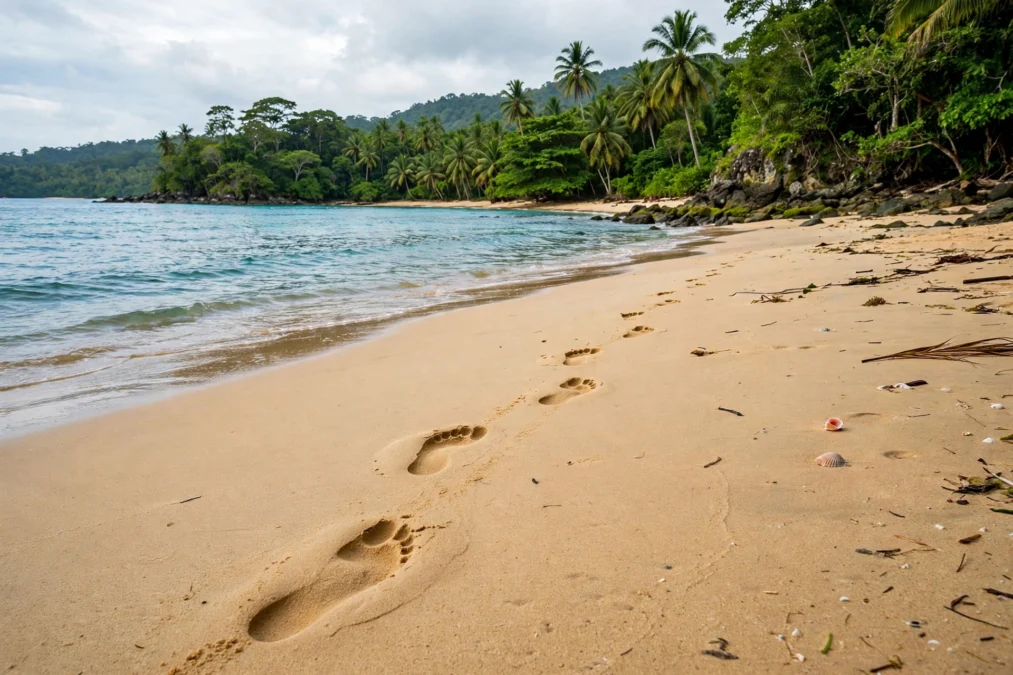 Remote tropical island shoreline off Madagascar with footprints in the sand, generic illustrative image